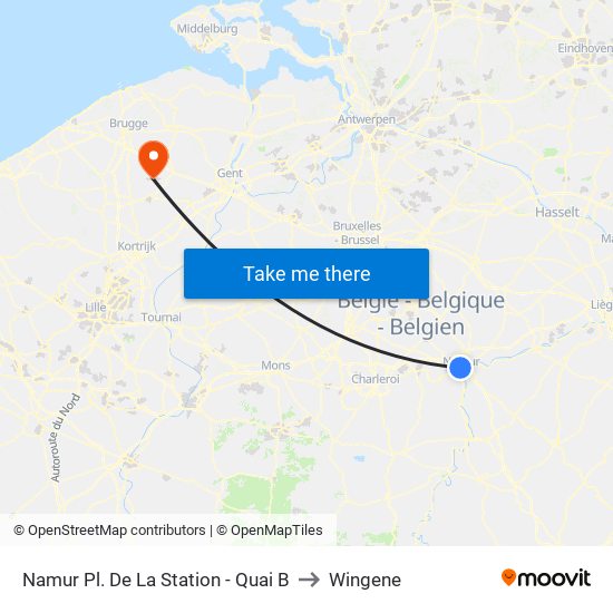 Namur Pl. De La Station - Quai B to Wingene map