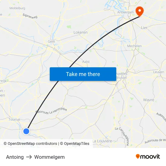 Antoing to Wommelgem map
