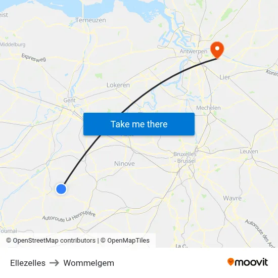 Ellezelles to Wommelgem map