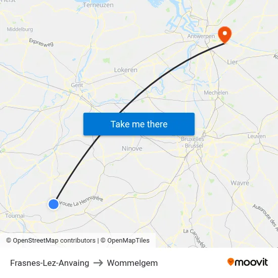Frasnes-Lez-Anvaing to Wommelgem map