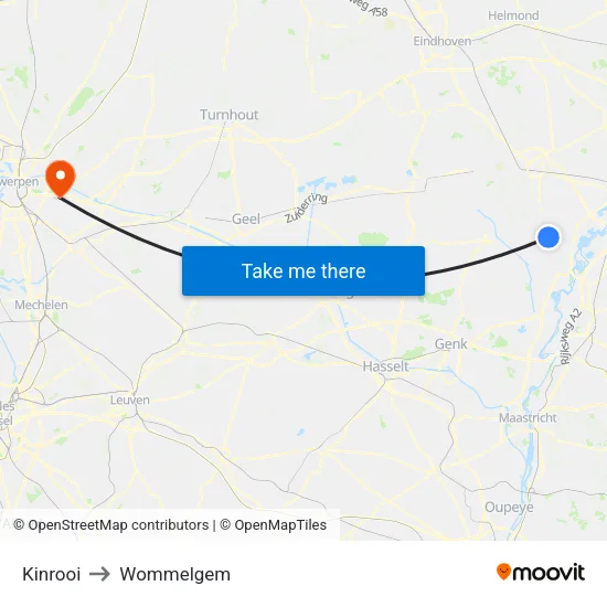 Kinrooi to Wommelgem map