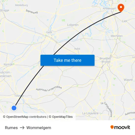 Rumes to Wommelgem map