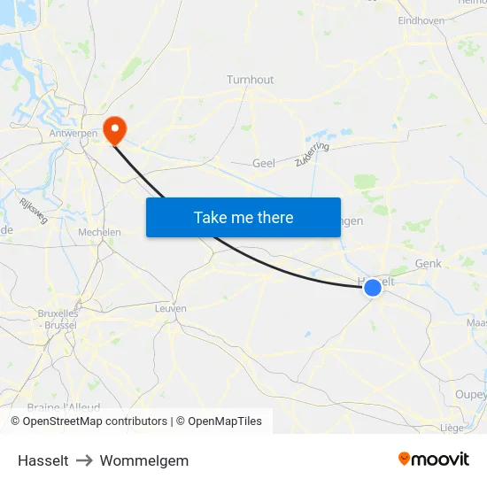 Hasselt to Wommelgem map
