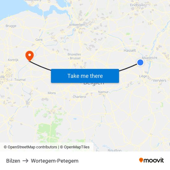 Bilzen to Wortegem-Petegem map