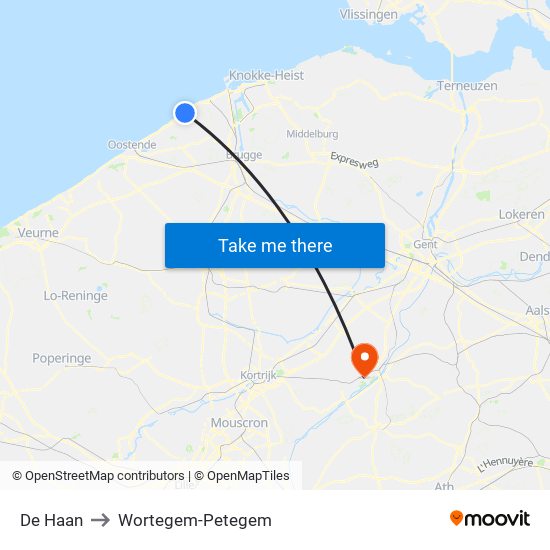 De Haan to Wortegem-Petegem map