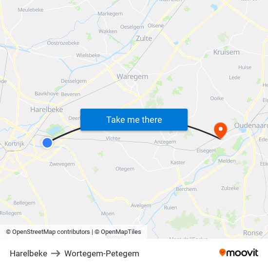 Harelbeke to Wortegem-Petegem map