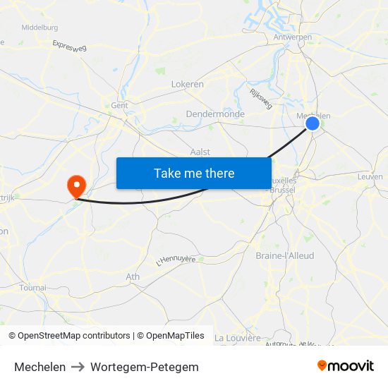 Mechelen to Wortegem-Petegem map