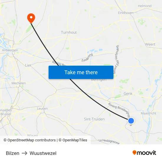 Bilzen to Wuustwezel map