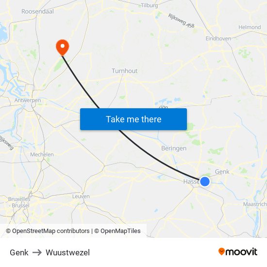 Genk to Wuustwezel map