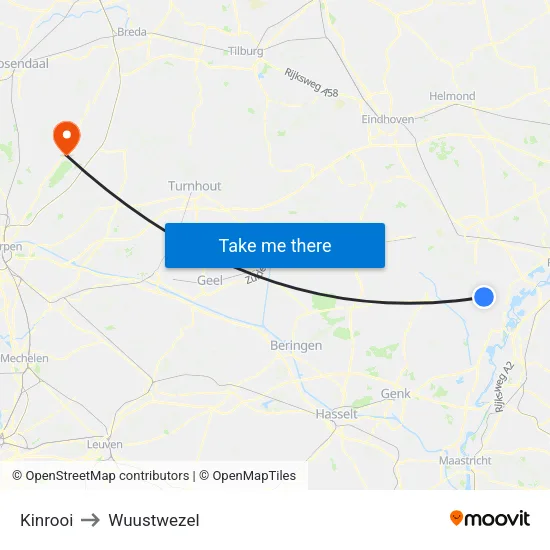 Kinrooi to Wuustwezel map