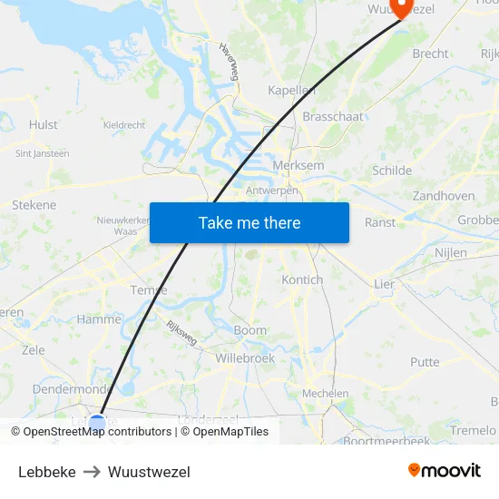 Lebbeke to Wuustwezel map