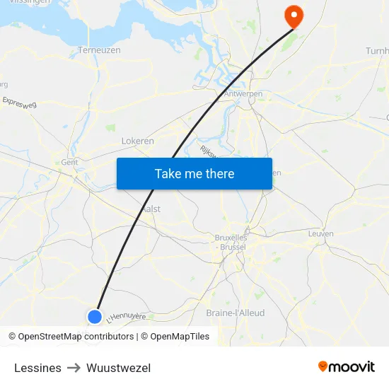 Lessines to Wuustwezel map