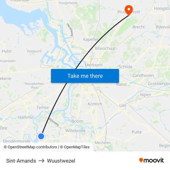 Sint-Amands to Wuustwezel map