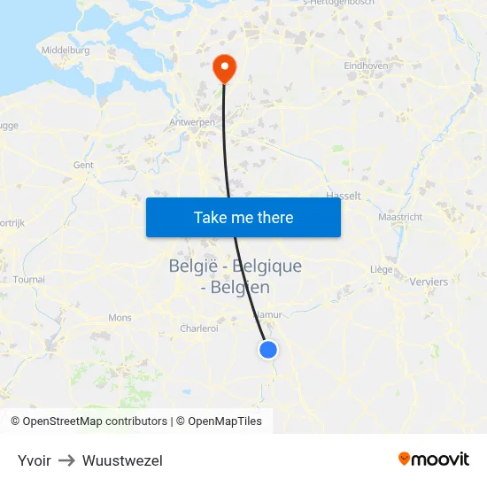 Yvoir to Wuustwezel map