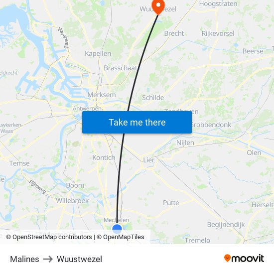 Malines to Wuustwezel map