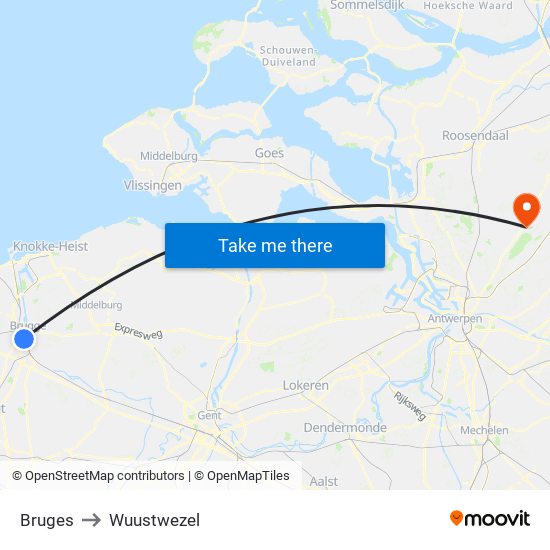 Bruges to Wuustwezel map