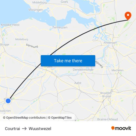 Courtrai to Wuustwezel map