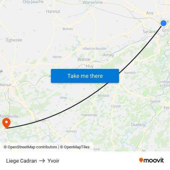 Liege Cadran to Yvoir map