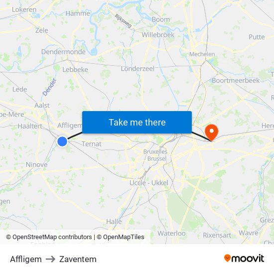 Affligem to Zaventem map