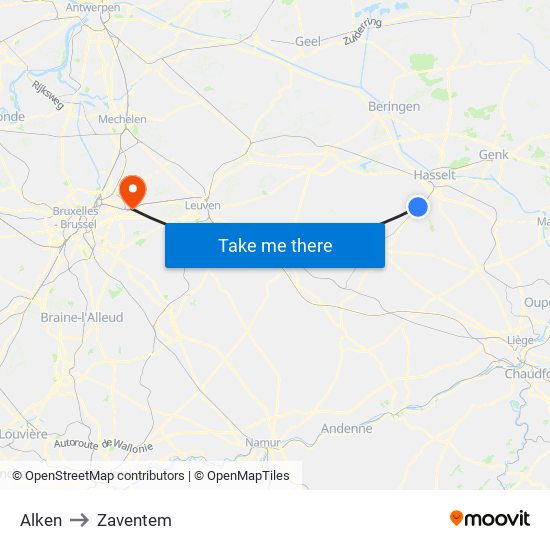Alken to Zaventem map
