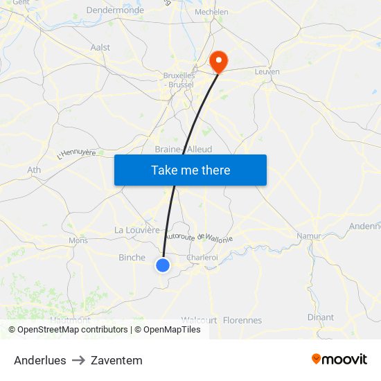 Anderlues to Zaventem map