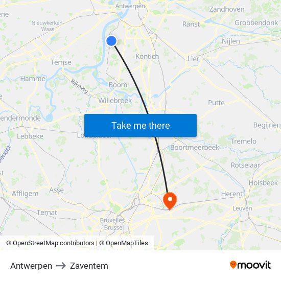 Antwerpen to Zaventem map