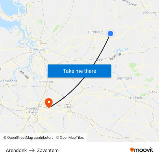 Arendonk to Zaventem map