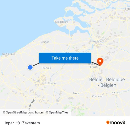 Ieper to Zaventem map