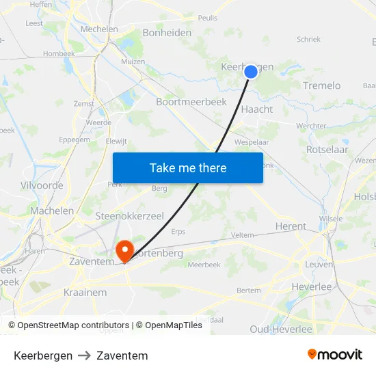 Keerbergen to Zaventem map