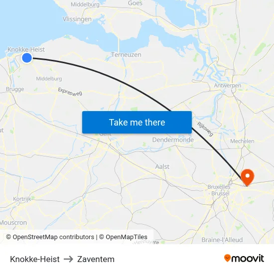 Knokke-Heist to Zaventem map