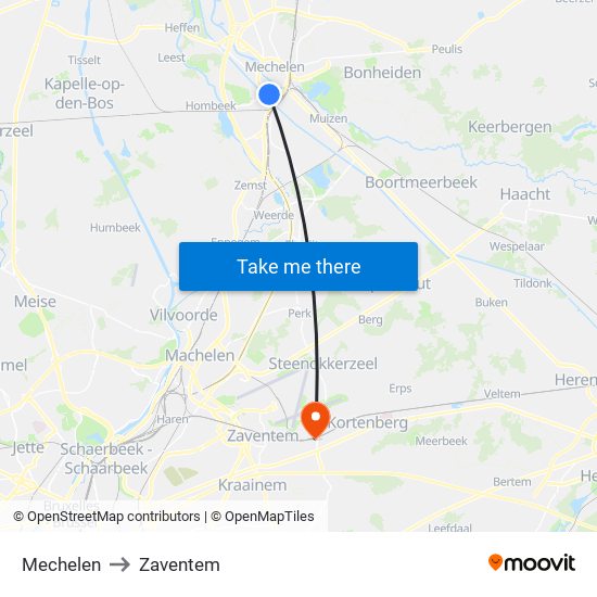 Mechelen to Zaventem map