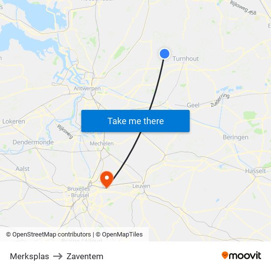 Merksplas to Zaventem map