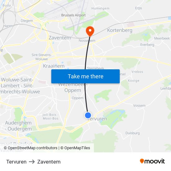 Tervuren to Zaventem map