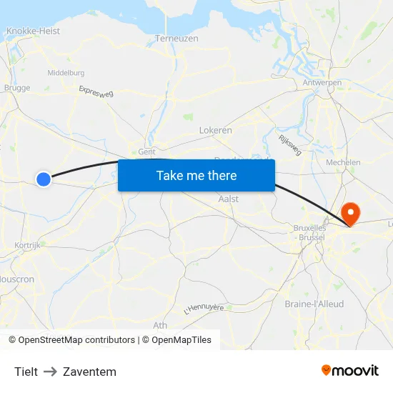 Tielt to Zaventem map