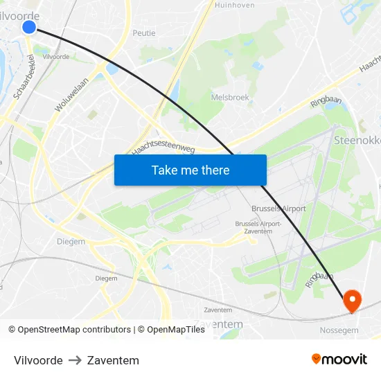 Vilvoorde to Zaventem map