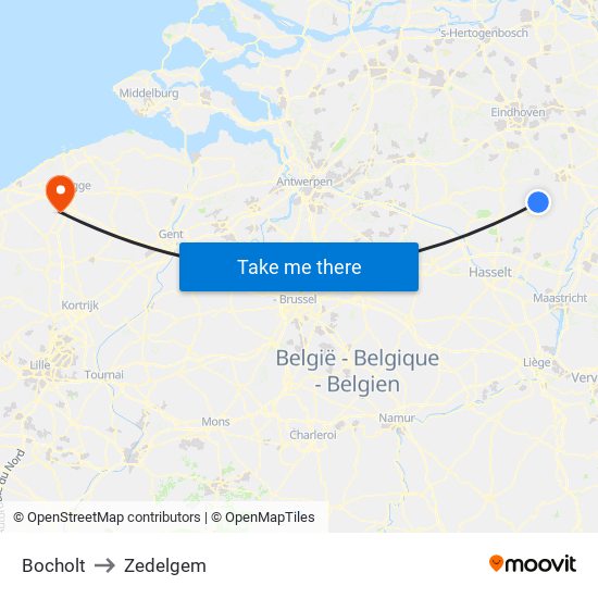 Bocholt to Zedelgem map