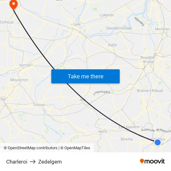 Charleroi to Zedelgem map