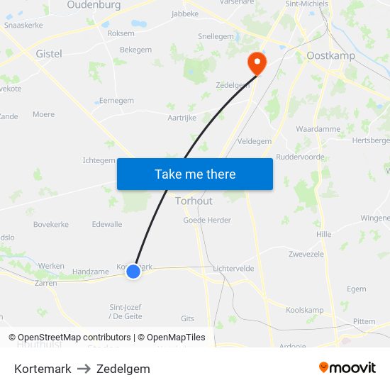 Kortemark to Zedelgem map