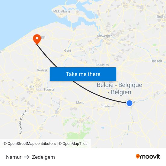 Namur to Zedelgem map