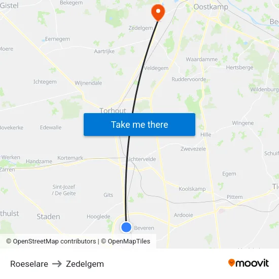 Roeselare to Zedelgem map