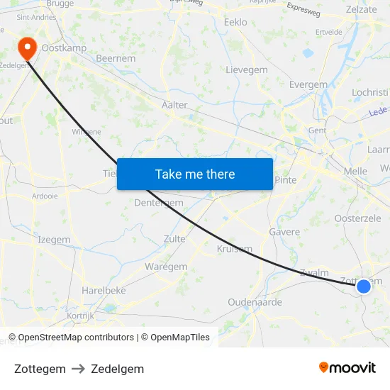 Zottegem to Zedelgem map