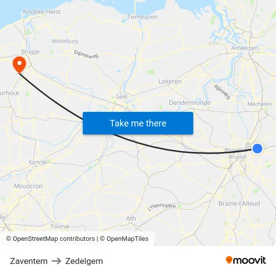 Zaventem to Zedelgem map