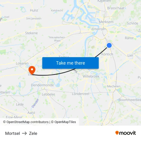 Mortsel to Zele map