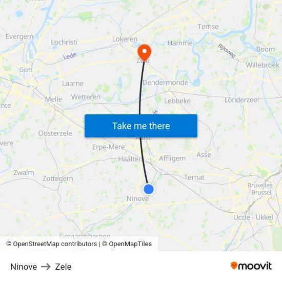 Ninove to Zele map