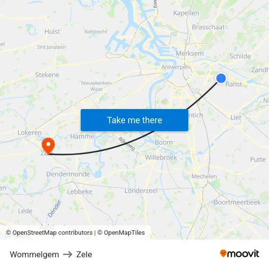 Wommelgem to Zele map