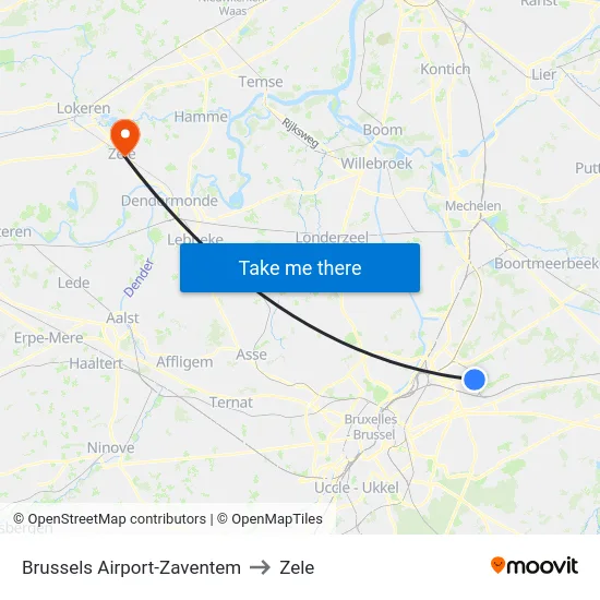 Brussels Airport-Zaventem to Zele map