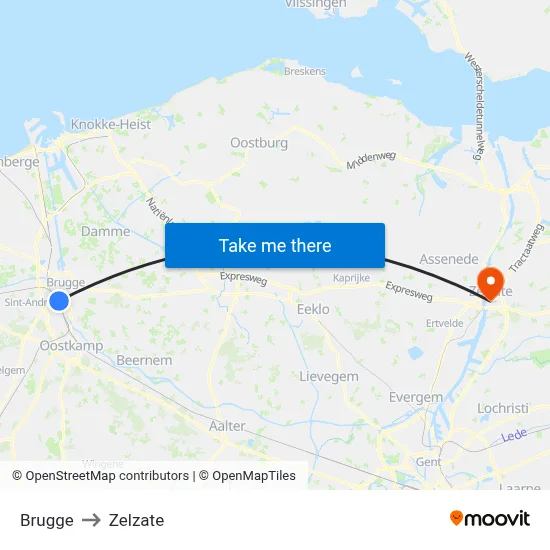 Brugge to Zelzate map