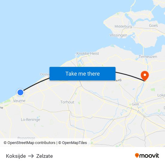 Koksijde to Zelzate map