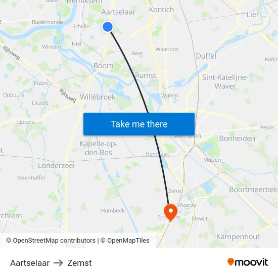 Aartselaar to Zemst map