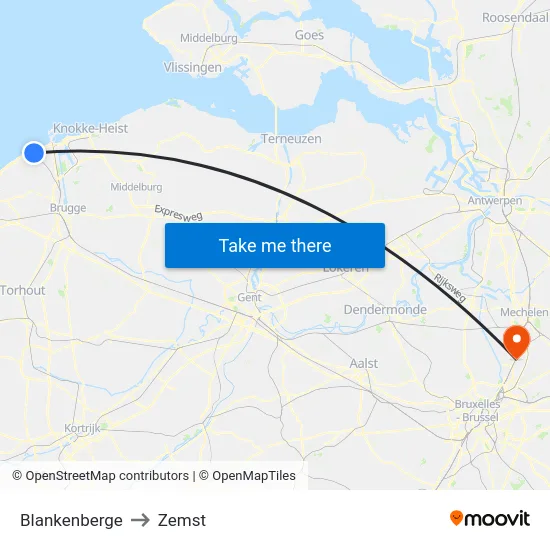 Blankenberge to Zemst map